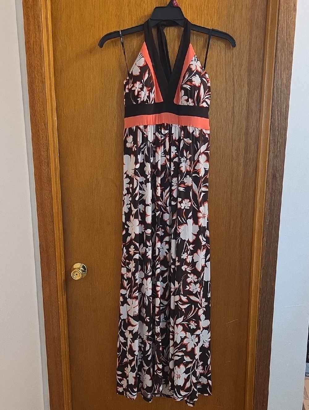 Floral Halter Maxi Dress in Brown and Coral